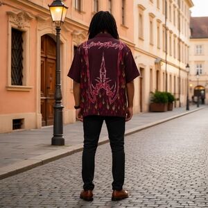 Vintage Y2K Harley Davidson Brown Graphic Camp Shirt Logo Flames Striped Sz 3XL